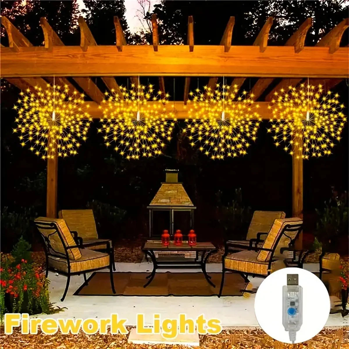 Outdoor string lights hanging from a wooden pergola illuminating a seating area.