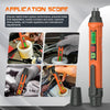 An orange digital brake fluid tester with an LCD display is shown being used on a vehicle's brake system.