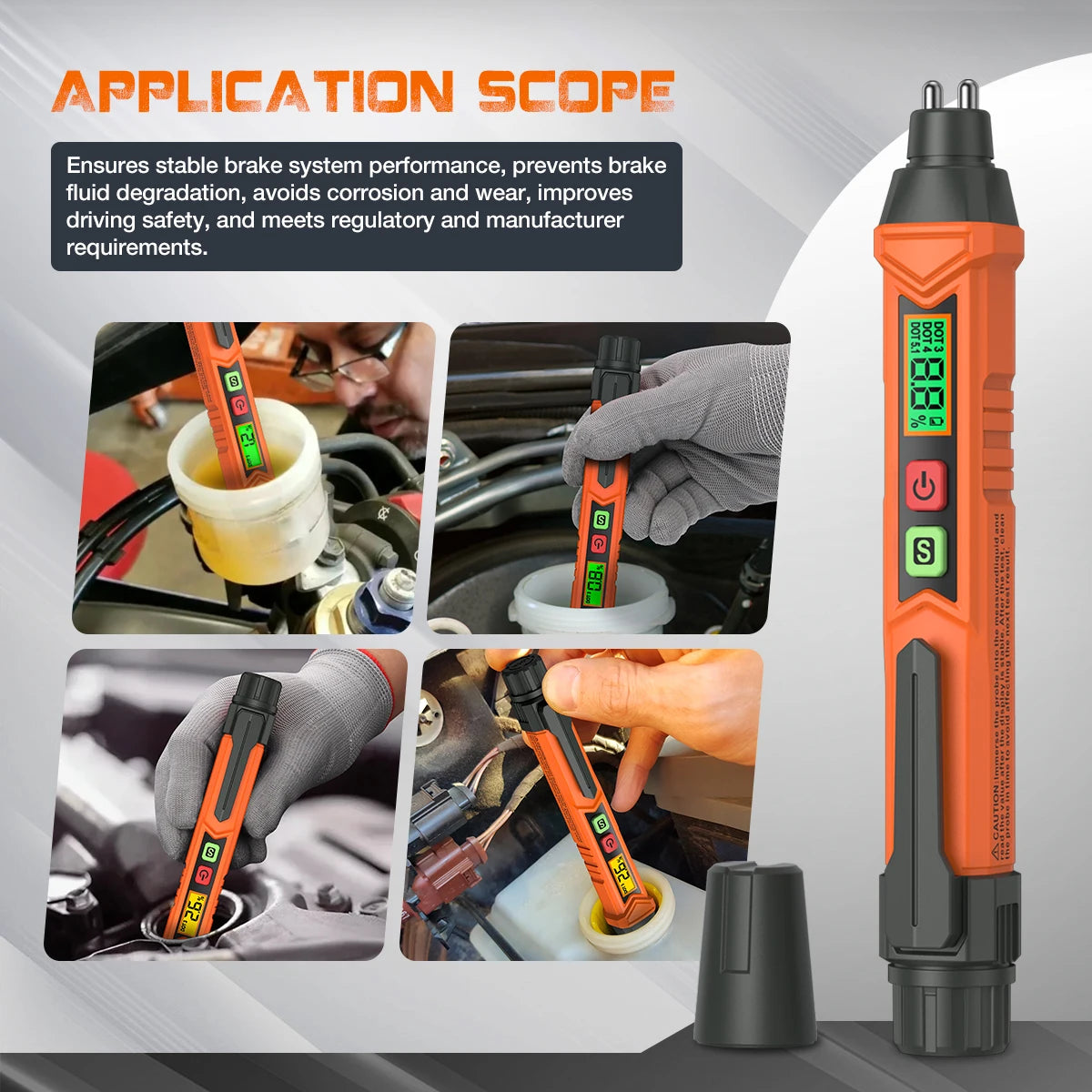 An orange digital brake fluid tester with an LCD display is shown being used on a vehicle's brake system.