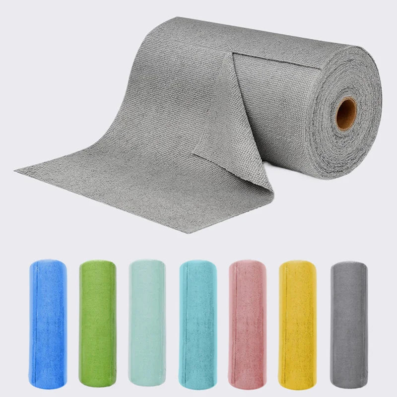 Roll of gray reusable microfiber cleaning towels with various pastel colors like blue, green, and pink.