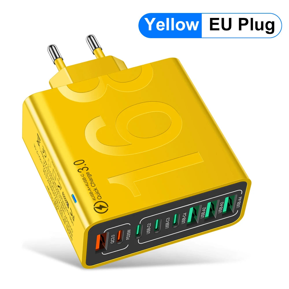 A yellow EU plug power adapter with eight USB ports for fast charging devices.