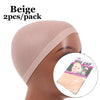 A beige wig cap is shown on a mannequin head, packaged as 2 pieces per pack.