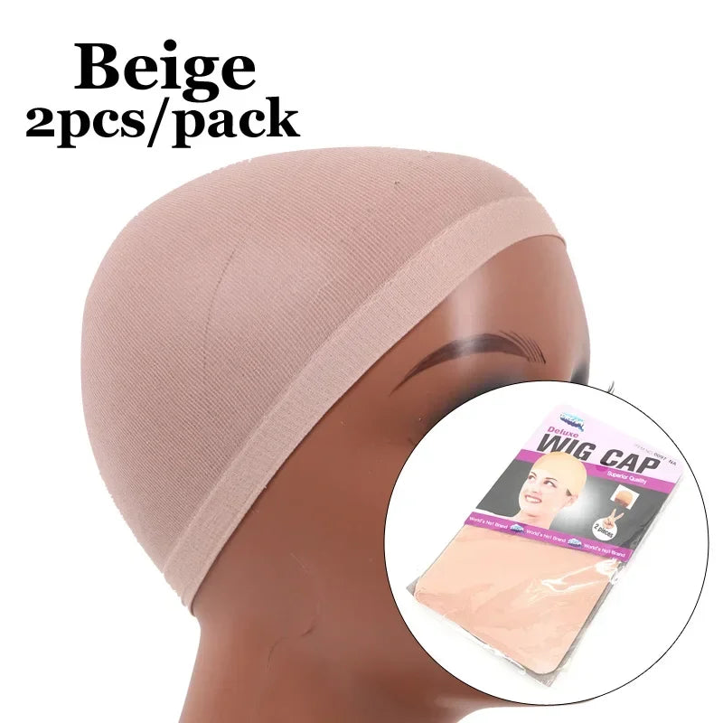 A beige wig cap is shown on a mannequin head, packaged as 2 pieces per pack.