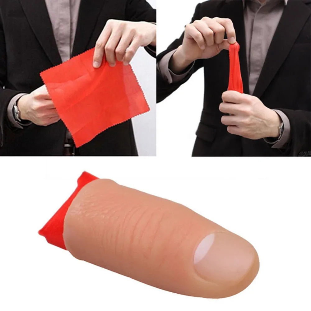 A close-up of a classic magic thumb tip with vanishing silk, showing the red silicone product and its packaging.