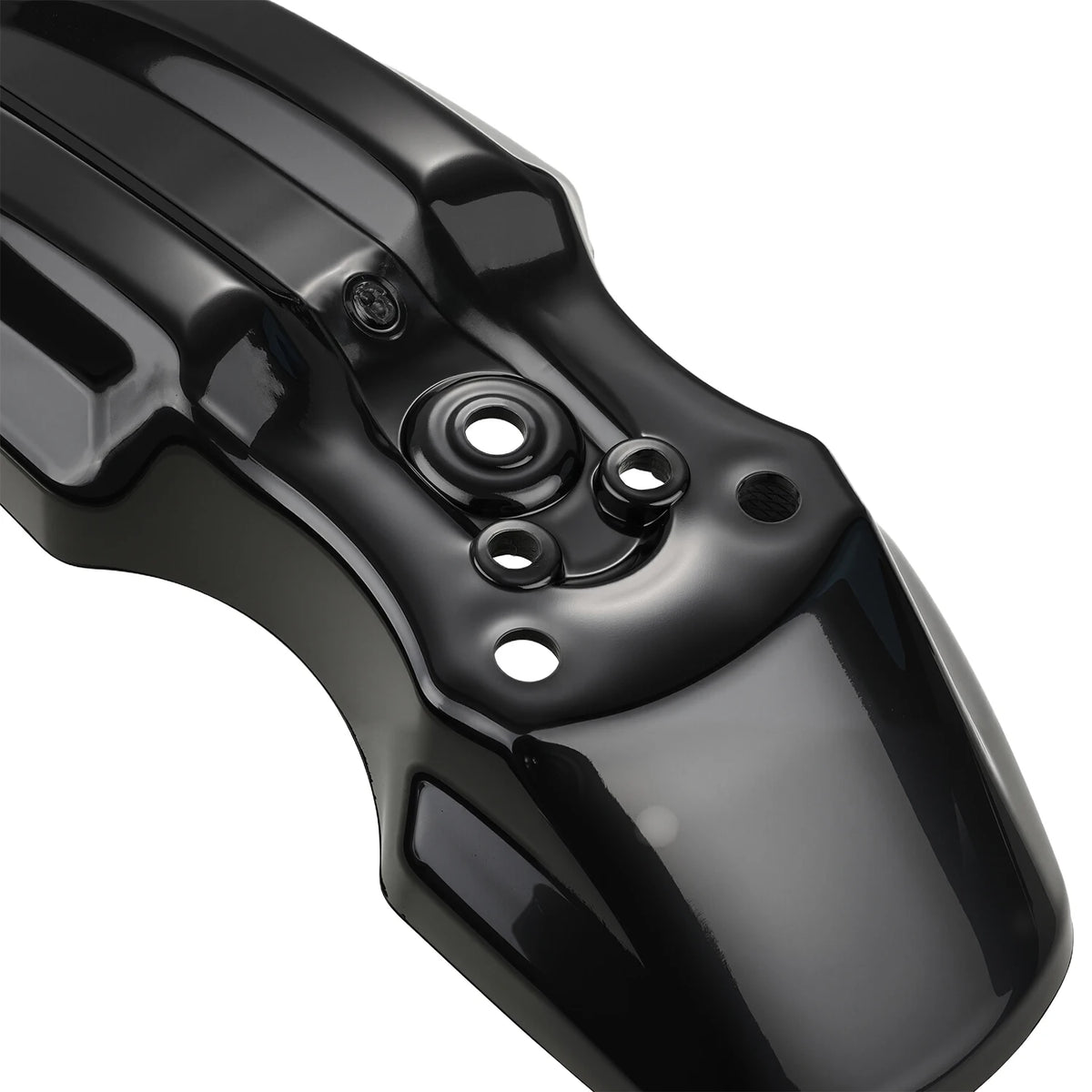 Close-up view of a glossy black front wheel mudguard for a Tuttio Soleil 01 electric dirt bike.