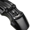 Close-up view of a glossy black front wheel mudguard for a Tuttio Soleil 01 electric dirt bike.
