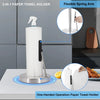 A white paper towel holder with a flexible spring arm and built-in spray bottle on a stainless steel base.