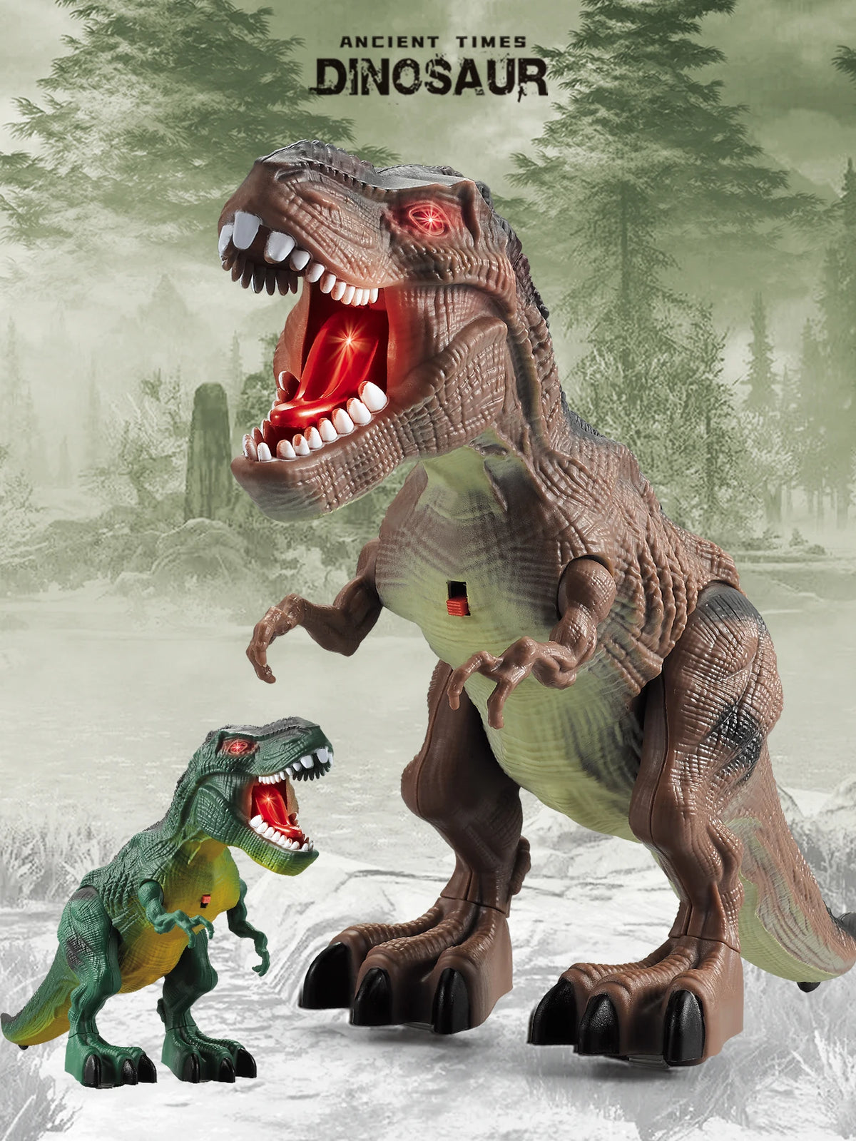 A realistic dinosaur toy T-Rex and a smaller dinosaur are displayed against a forest background.