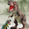 A realistic dinosaur toy T-Rex and a smaller dinosaur are displayed against a forest background.