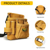 A tan electrician tool pouch with multiple pockets and an adjustable belt, showing fine stitching and high-quality metal.
