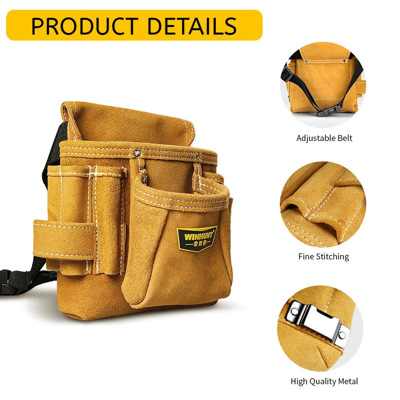 A tan electrician tool pouch with multiple pockets and an adjustable belt, showing fine stitching and high-quality metal.