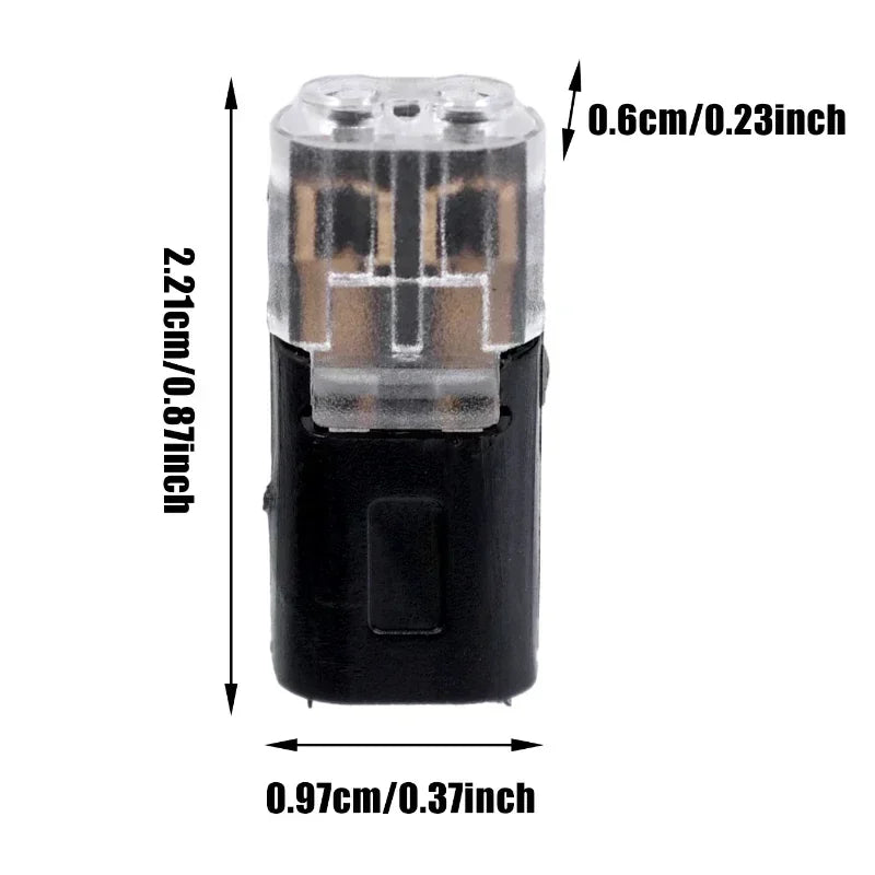 A clear and black 2-pin electrical wire connector with dimensions of 2.21cm long and 0.97cm wide.