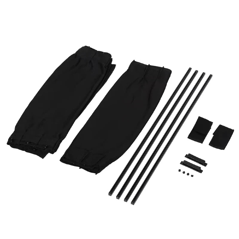 Black foldable car side window sun shade with UV protection and mounting rods