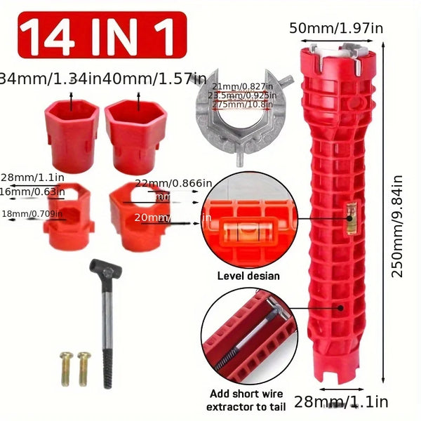 A red 14-in-1 multi-function tool set for sink and faucet repair, showing various sizes and an extractor tool.