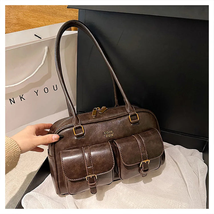 Women's Retro PU Leather Shoulder Bag with Multiple Pockets & Detachable Charm