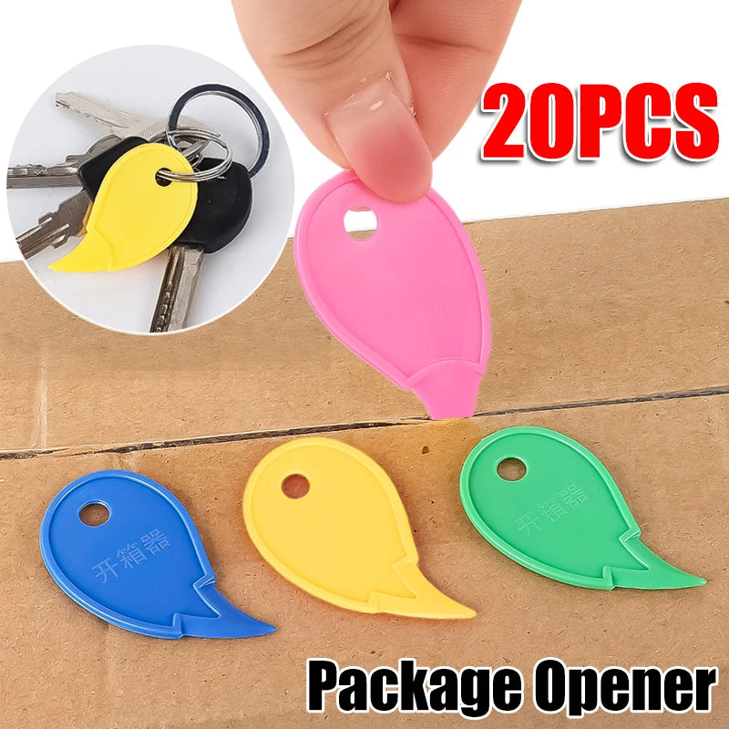 A package opener set of 20 plastic tags and a compact plastic box cutter is shown on brown cardboard.