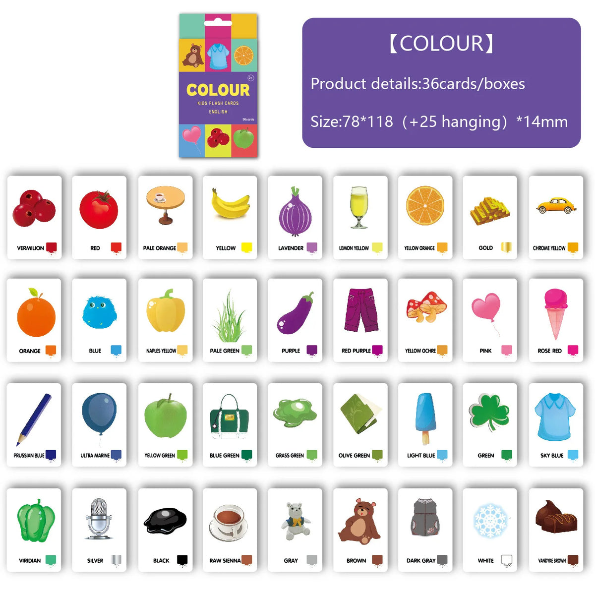 A set of 36 flash cards and boxes featuring various animal shapes and colors for early learning.