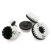 A set of black and white drill brushes for cleaning tiles, bathroom surfaces, and cars.