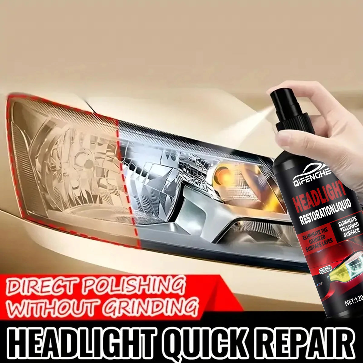 Hand applying a ceramic headlight restoration liquid to a car headlight assembly.