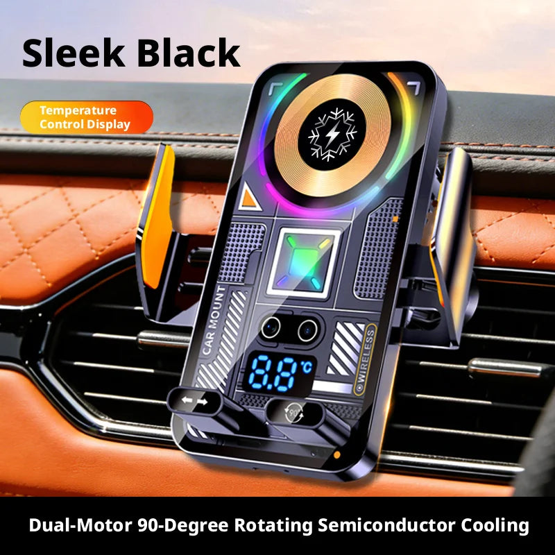 Sleek black car phone holder with a temperature control display and dual-motor rotating semiconductor cooling