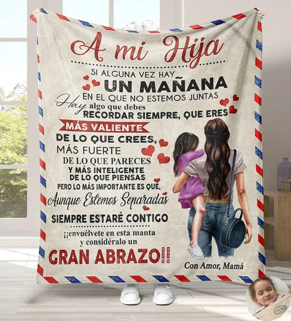 A personalized Spanish flannel throw blanket featuring text about a mother and child.