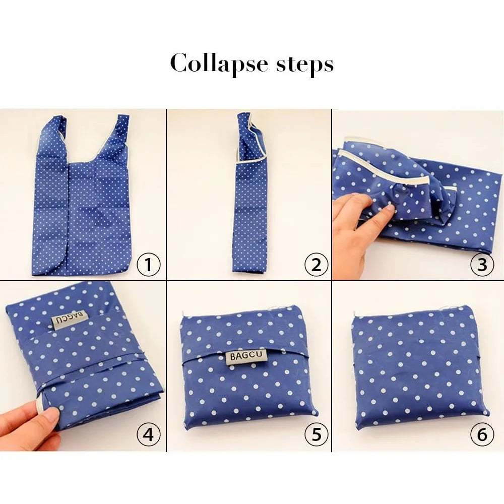 Six steps showing how to collapse a blue polka dot tote bag into a compact size