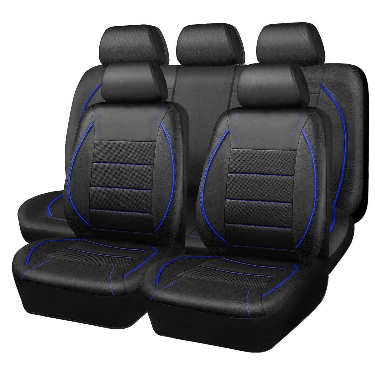 A full set of black leather car seat covers with headrests shown in a row.