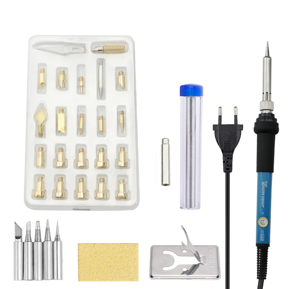 A kit containing various tips and a wood burning and soldering pen for temperature control