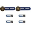 Six pairs of blue and brass no-sew button waist extenders for clothing.
