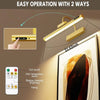A cordless rechargeable picture light is shown illuminating a framed artwork, with controls for on/off, color temperature, di