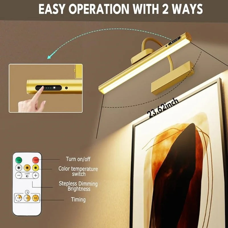 A cordless rechargeable picture light is shown illuminating a framed artwork, with controls for on/off, color temperature, di