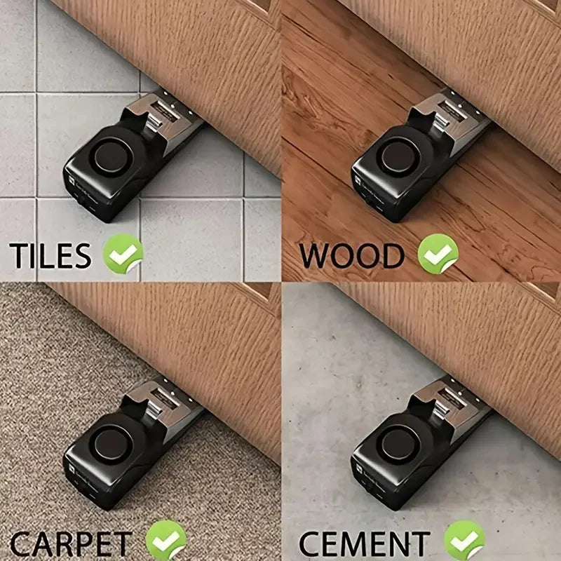 Portable door stop alarm in black mounted on various surfaces including tiles, wood, carpet, and cement.