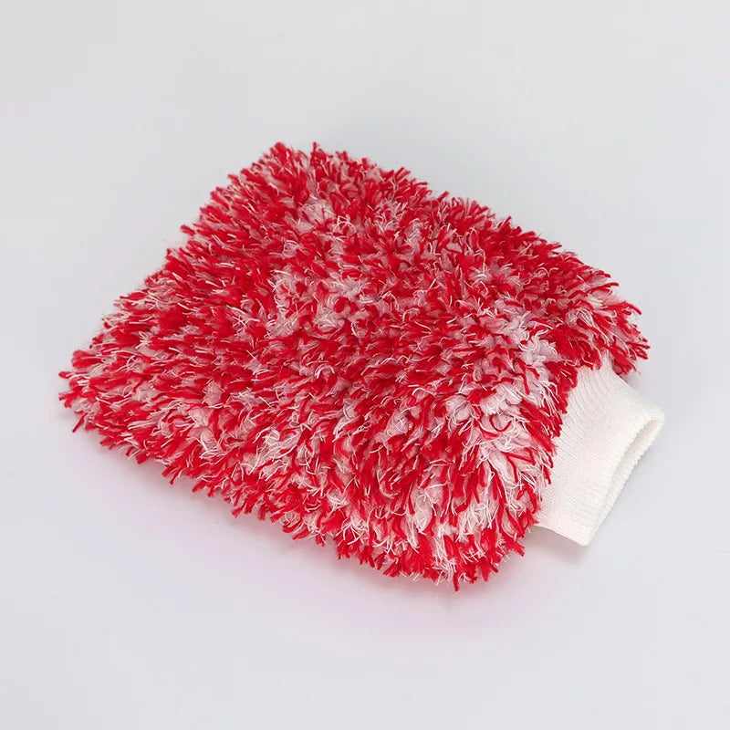 A bright red microfiber car wash mitt with a white grip is shown on a white background.