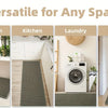 A set of woven bath mats in various colors and textures shown in bathroom, kitchen, laundry, and hallway settings.