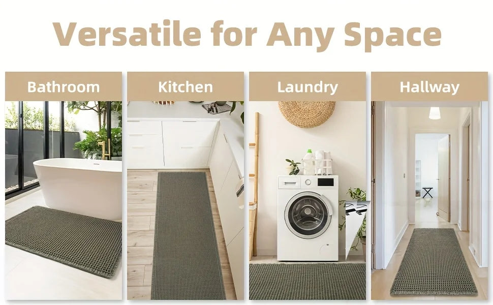 A set of woven bath mats in various colors and textures shown in bathroom, kitchen, laundry, and hallway settings.