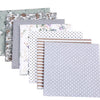 A bundle of cotton fabric squares featuring various floral and dot patterns in muted greens, grays, and neutrals.