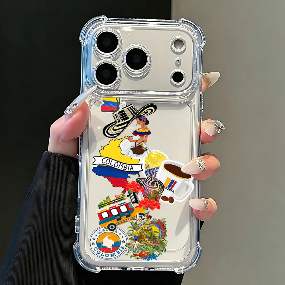 A clear phone case featuring Colombian art, including a figure and the country's flag, held by a hand.