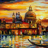 Oil painting depicting a large dome building reflecting in water under an orange sunset sky.