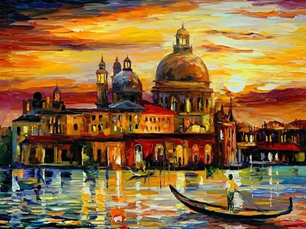 Oil painting depicting a large dome building reflecting in water under an orange sunset sky.