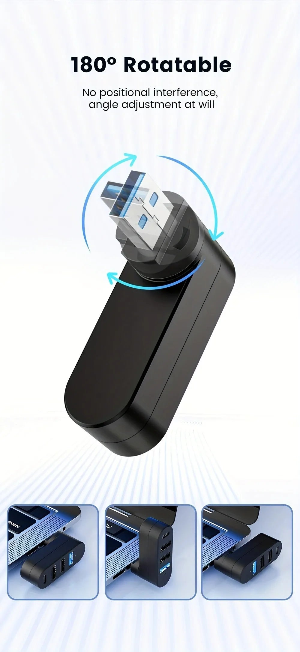 180° Rotating USB-C & USB-A Hub with 3-Port Expansion