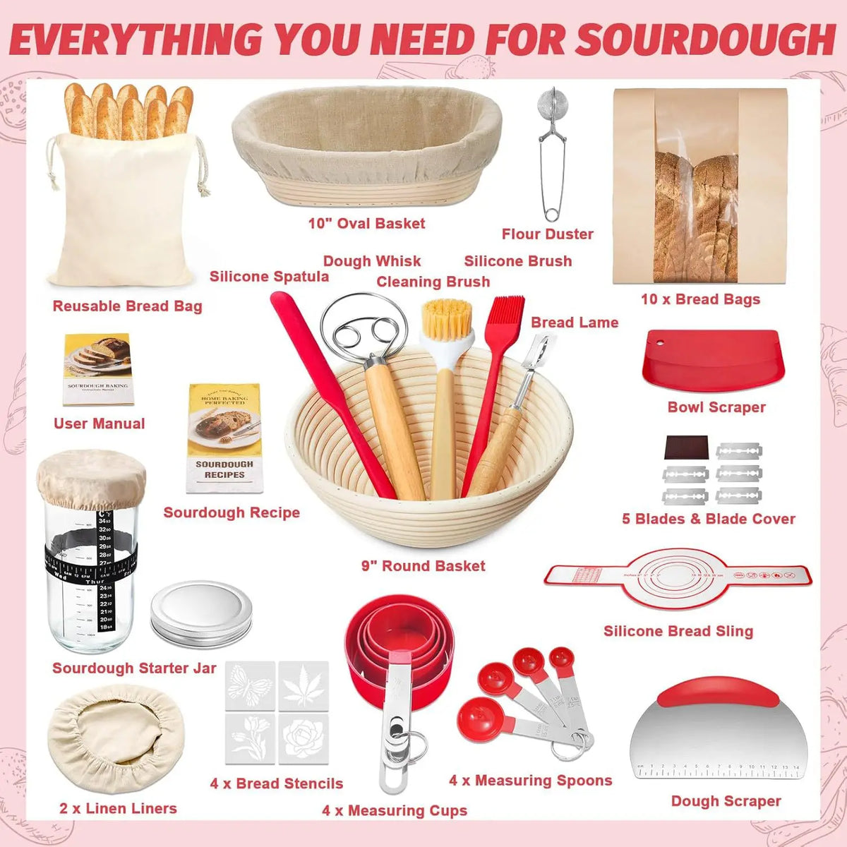 A collection of sourdough bread baking essentials including tools like whisks, baskets, bags, and scrapers.
