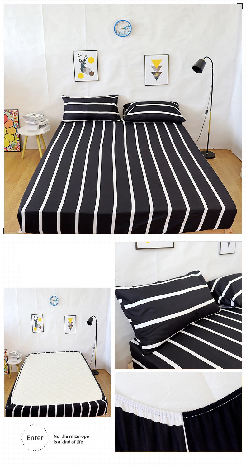 Black and white striped fitted bed sheet with an all-around elastic band