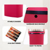 A red automatic touchless trash can with a black buckle and four AA batteries shown in various views.