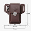 A brown PU leather waist bag with a flap closure and a metal clasp, shown with dimensions.