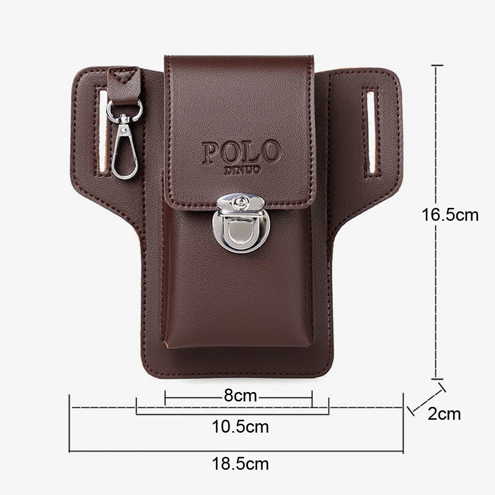 A brown PU leather waist bag with a flap closure and a metal clasp, shown with dimensions.