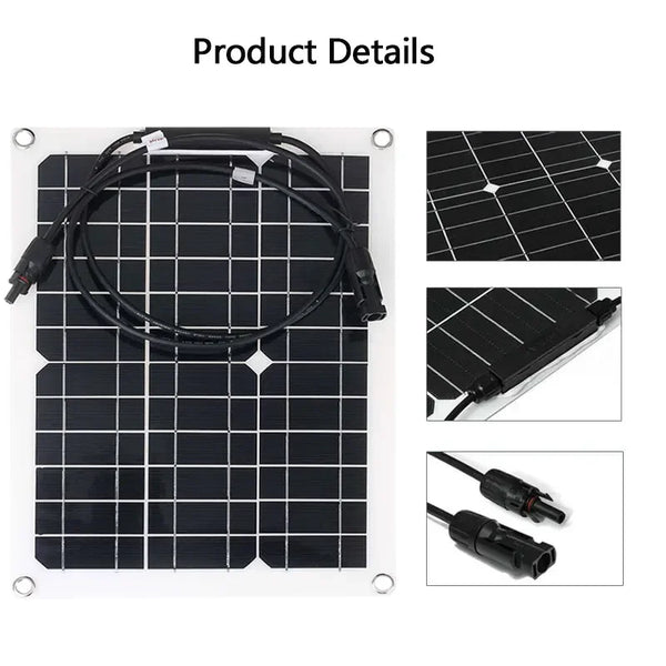 A flexible solar panel kit with a black cable and charge controller components laid out on a white background.