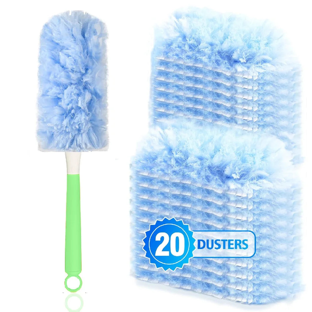 A pair of blue electrostatic dusters with textured foam heads and green handles.