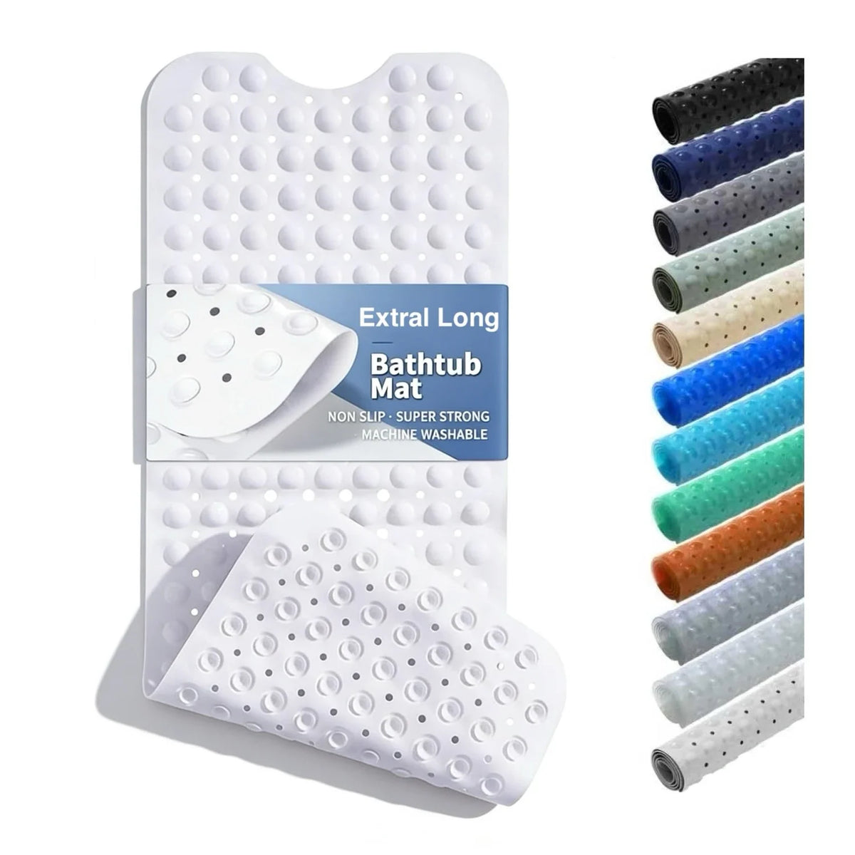 Extra long non-slip bathtub mat with suction cups and drain holes shown in various colors.