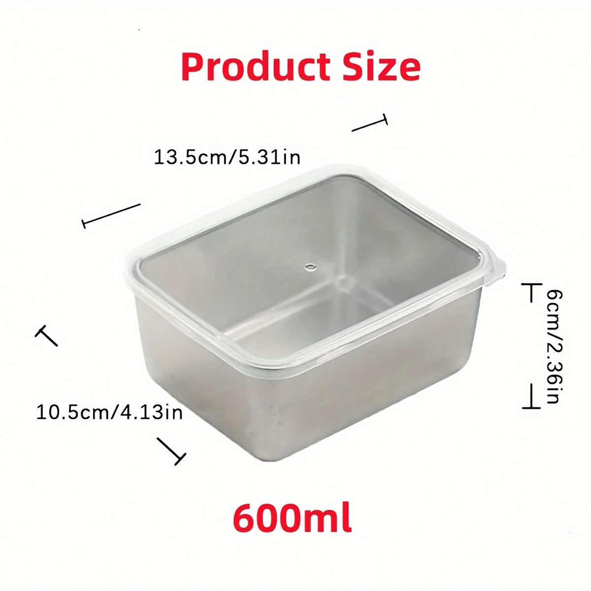 A clear stainless steel food storage container with a lid, shown with dimensions 13.5cm x 10.5cm and a capacity of 600ml.