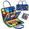A colorful Montessori busy board for toddlers featuring various sensory learning tools and a matching fabric tote bag.